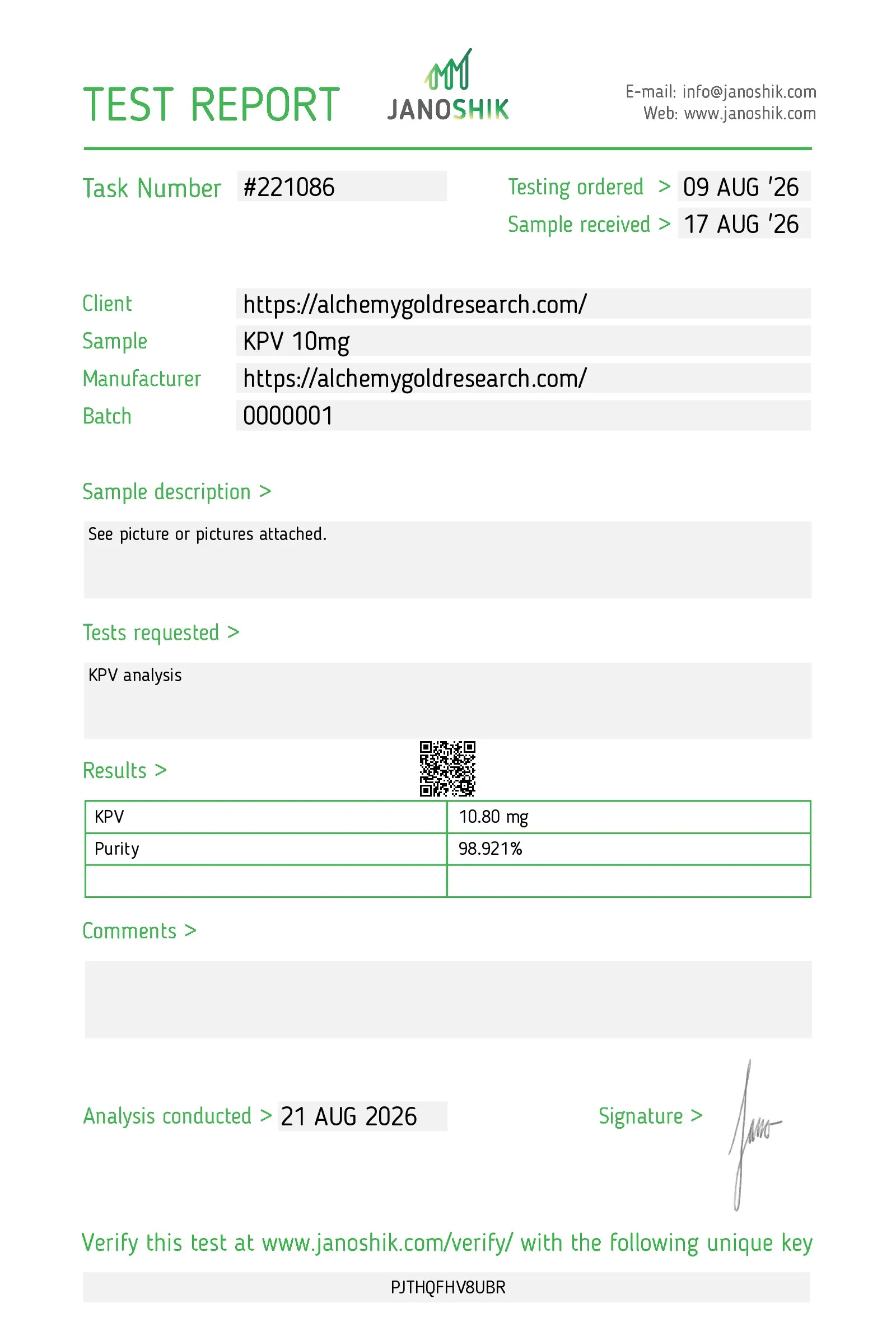 Certificate of analysis for KPV from Alchemy Gold Research, issued by Janoshik Labs — Purity (HPLC)