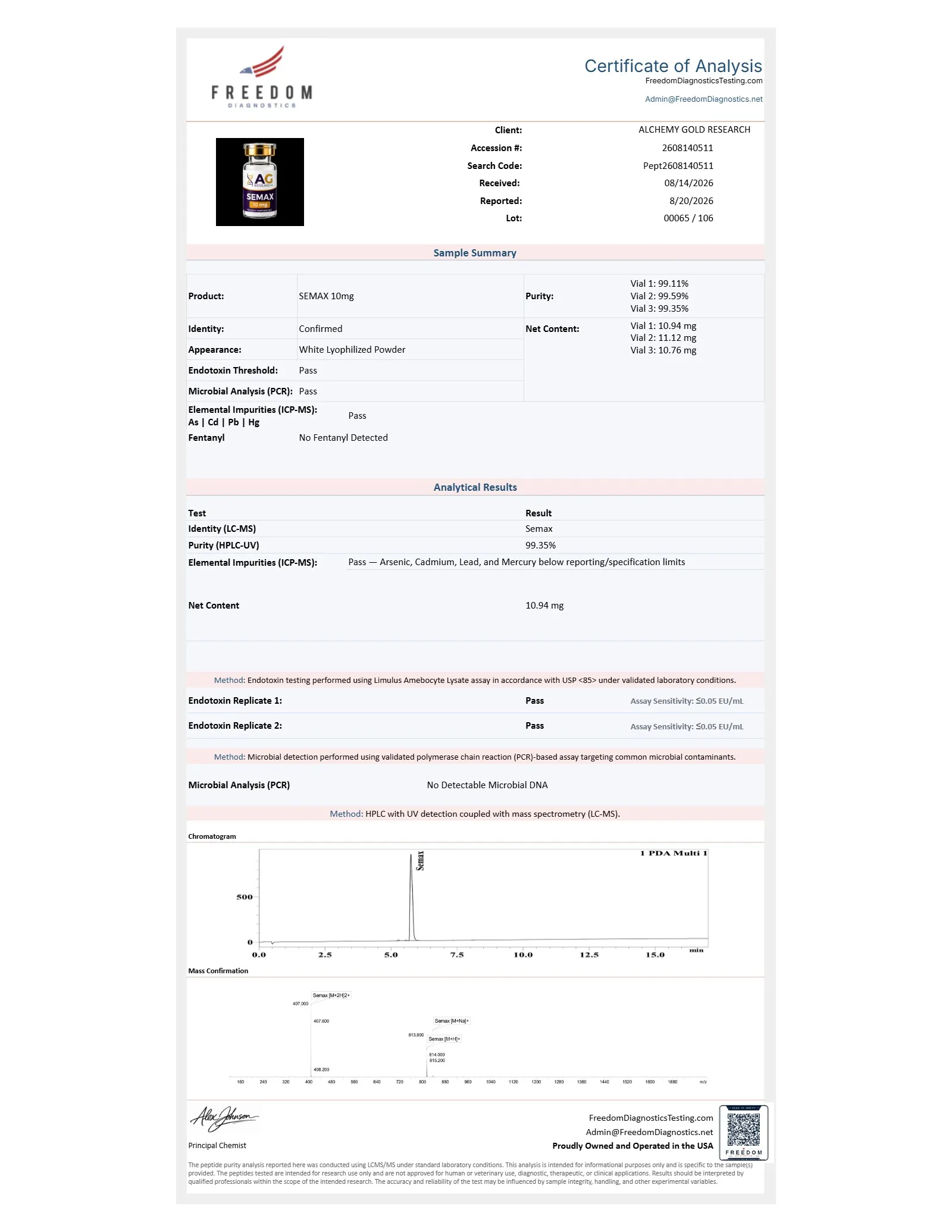 Certificate of analysis for SEMAX from Alchemy Gold Research, issued by freedomdiagnosticstesting.com — Vial photo