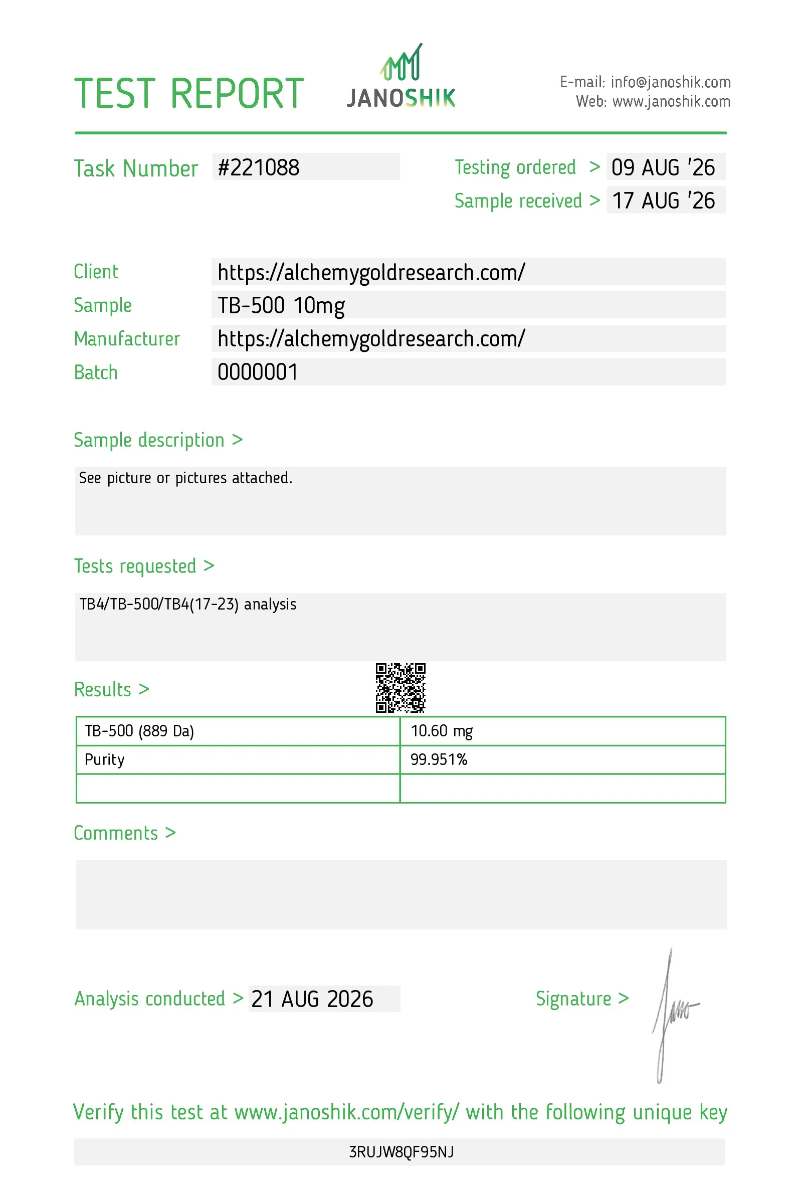 Certificate of analysis for TB-500 from Alchemy Gold Research, issued by Janoshik Labs — Purity (HPLC)