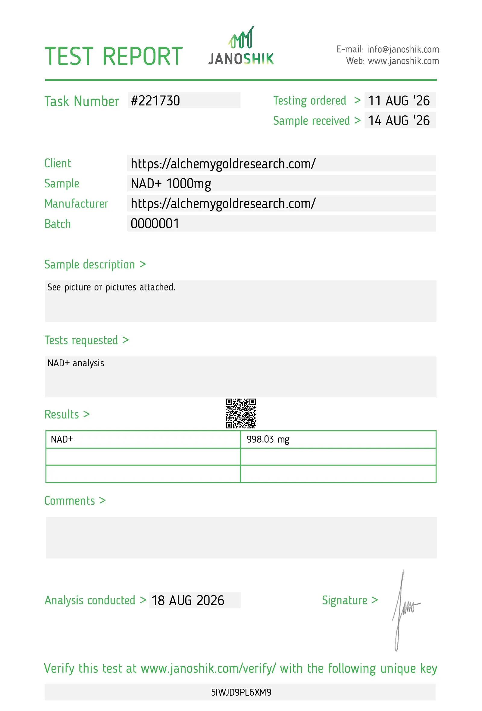 Certificate of analysis for NAD+ from Alchemy Gold Research, issued by Janoshik Labs — Identity (MS)