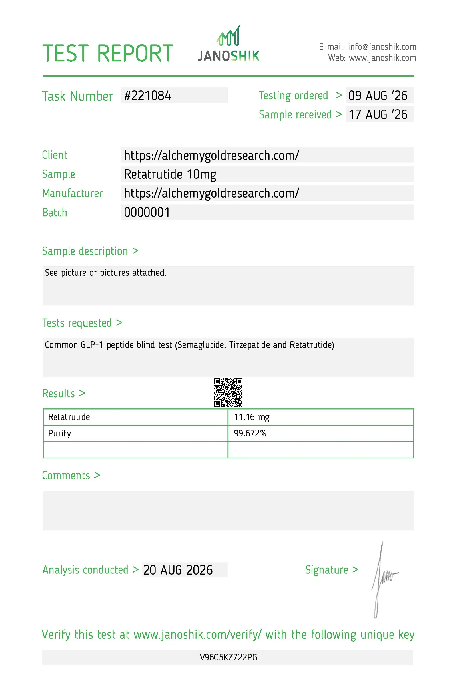 Certificate of analysis for Retatrutide from Alchemy Gold Research, issued by Janoshik Labs — Purity (HPLC)